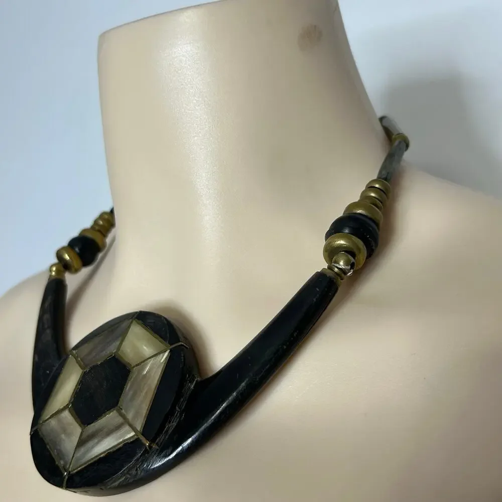 Artisan wood Statement Necklace Black Brown Geometric Inlay Tribal Boho 20”